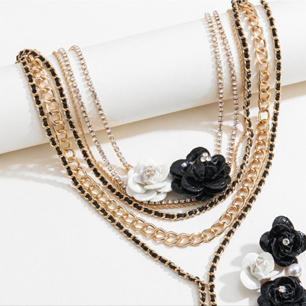 Textured Multi Strand Rhinestone Faux Leather Flower Necklace - Picture 3 of 9